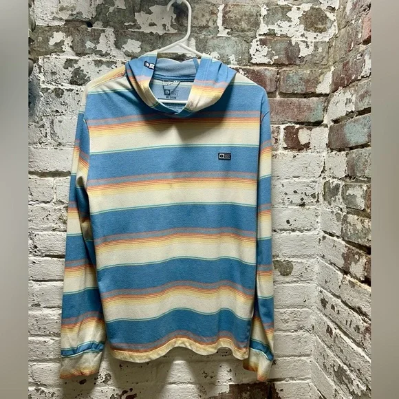 Salty Crew Men’s Medium Striped Technical Tee Hoodie with Blue and Yellow Tones - Picture 1 of 5